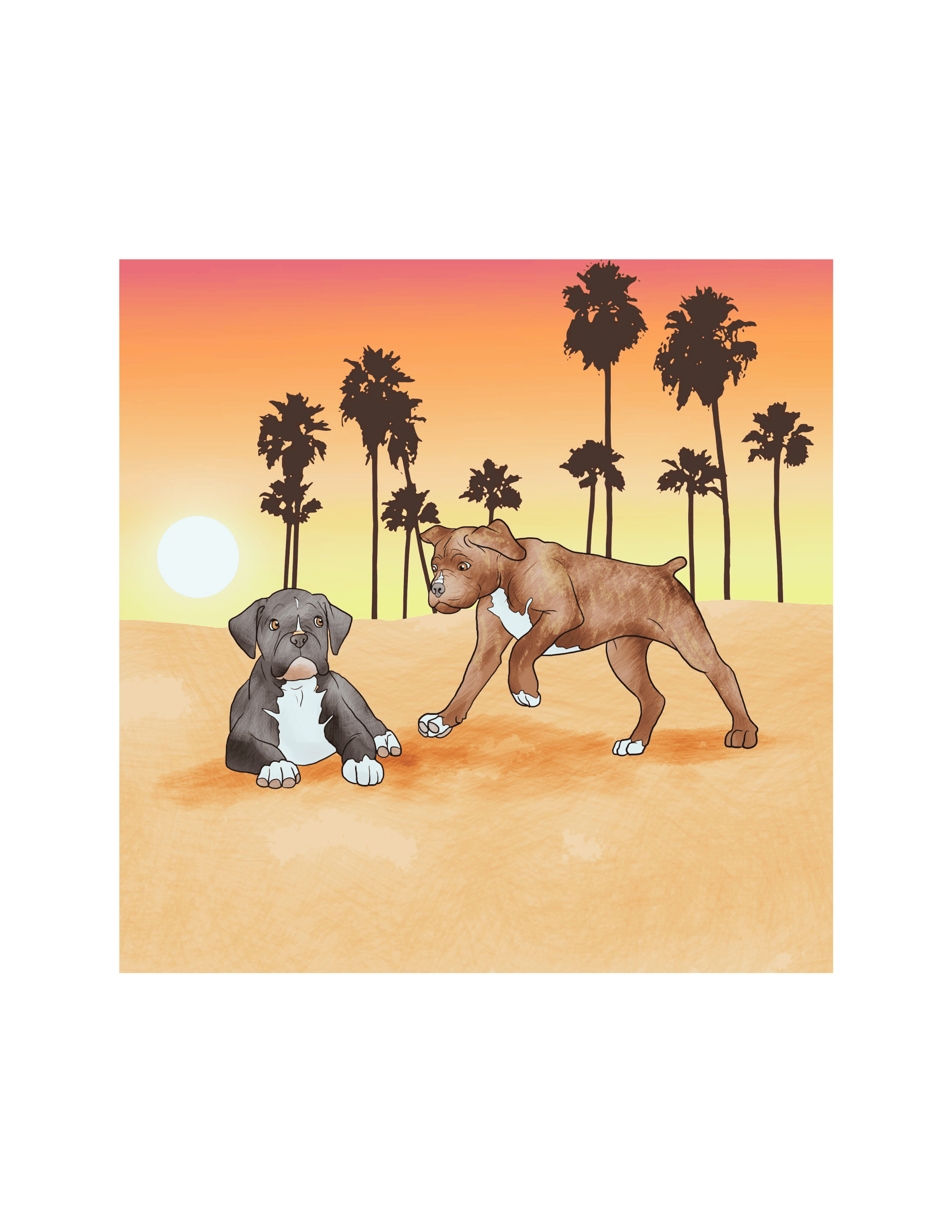 Illustration of Ivy and Zo the two brindle boxer dogs